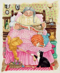 Großmutter und 2 Katzen und ein pinkes Bett